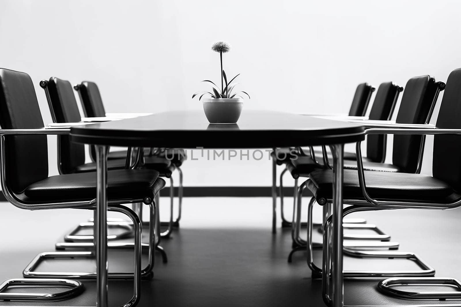 Elegant meeting room office with a large table, chairs and a potted plant, black and white