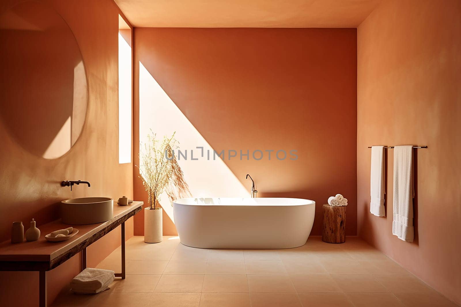 Modern bathroom interior with a freestanding bathtub in a minimalist design and natural light.