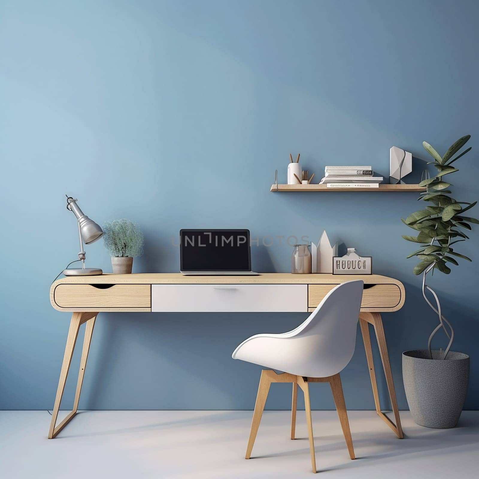 A smart working station with a desk and some potted plant by Hype2art