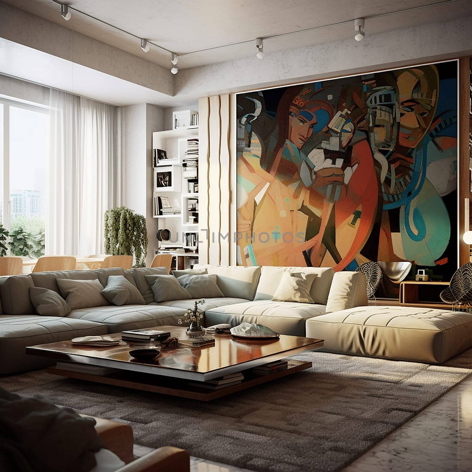 Modern living room interior with large abstract painting, comfortable beige sofa, and stylish decor.