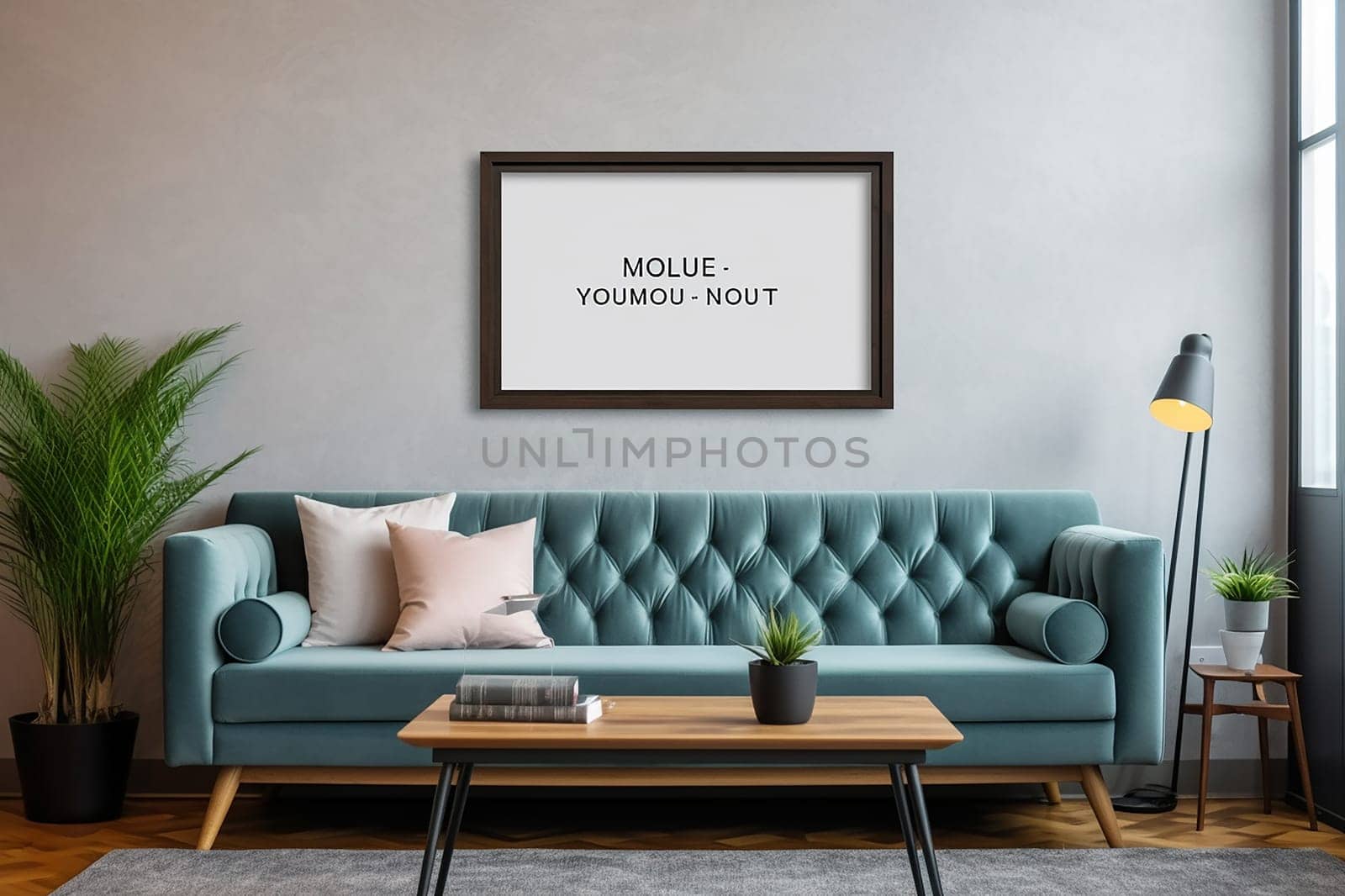 A modern mock up horizontal frame in a living room with blue sofa and white pillow with potted plant, with wooden table