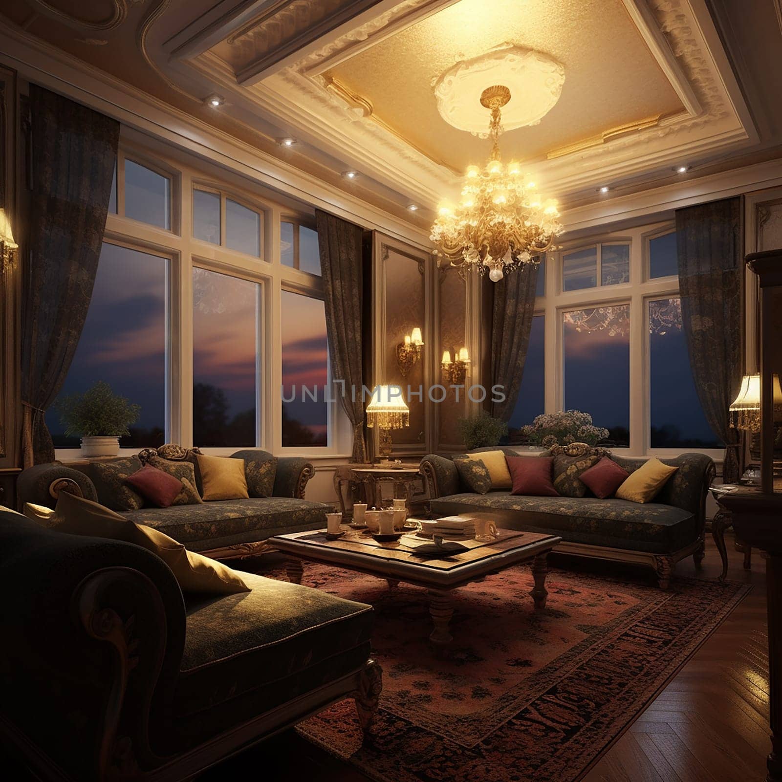 Cozy living room at night with warm lighting, comfortable sofa by Hype2art