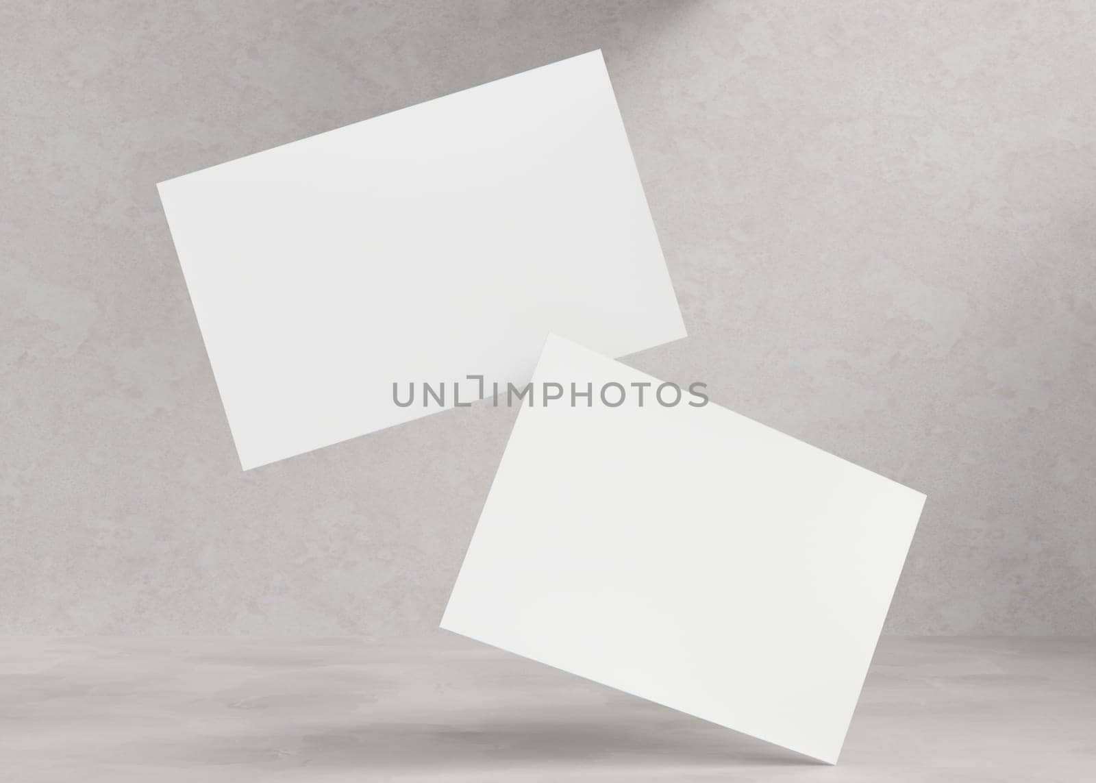 Blank white business cards on beige background. Modern mock up for branding identity. Two cards to show both sides. Template for graphic designers. Empty, copy space. Visiting card. 3D rendering