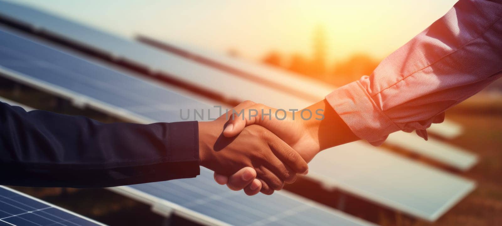 solar plant, solar panel, clean energy hand shake, ai by rachellaiyl