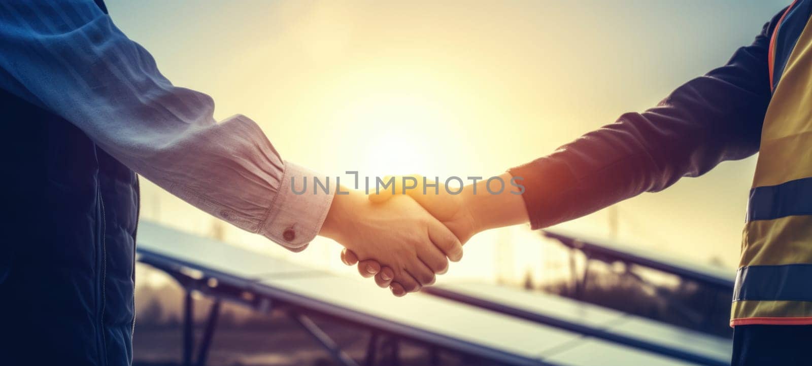 solar plant, solar panel, clean energy hand shake, ai