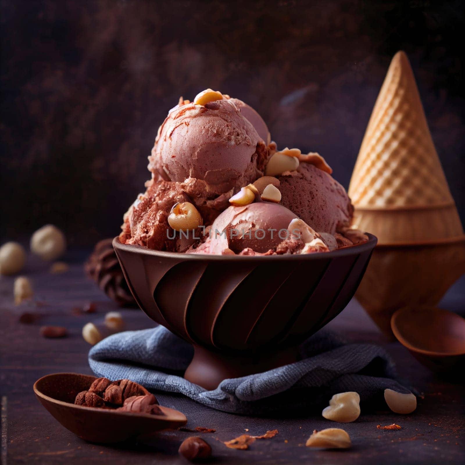 chocolate ice cream with hazelnuts in a bowl , AI Generated by Desperada