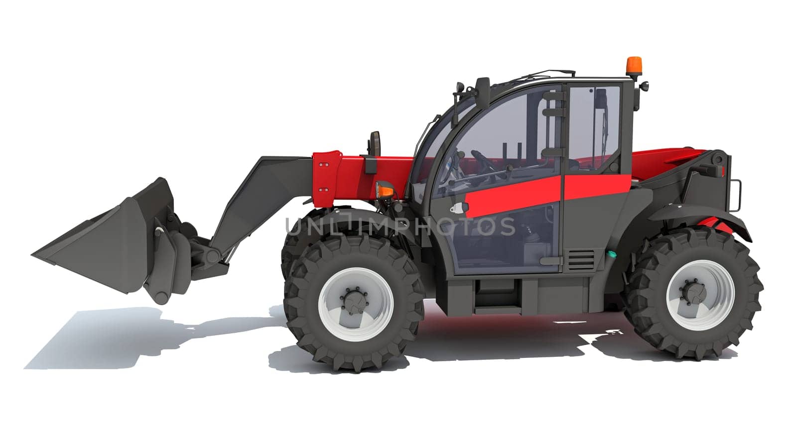 Telehandler heavy construction machinery 3D rendering on white background by 3DHorse