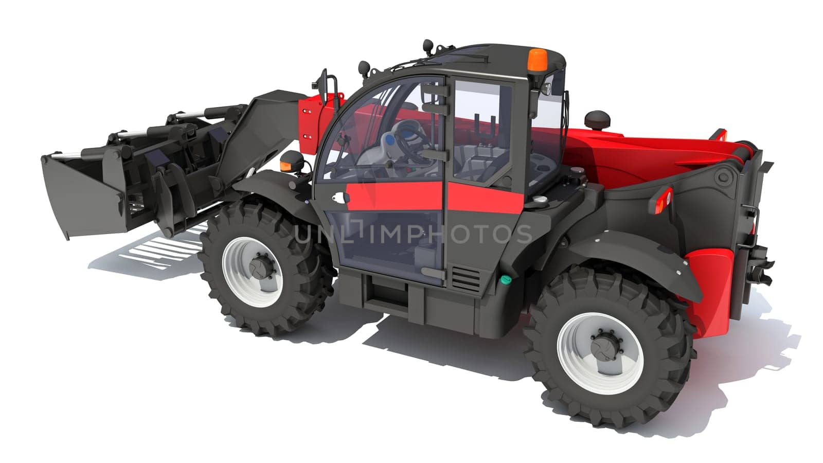 Telehandler heavy construction machinery 3D rendering on white background by 3DHorse