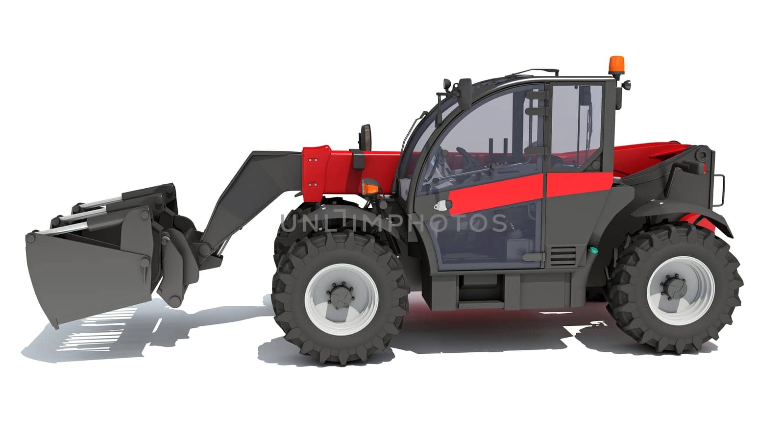 Telehandler heavy construction machinery 3D rendering on white background by 3DHorse