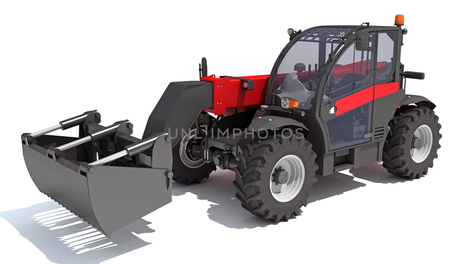 Telehandler heavy construction machinery 3D rendering on white background by 3DHorse