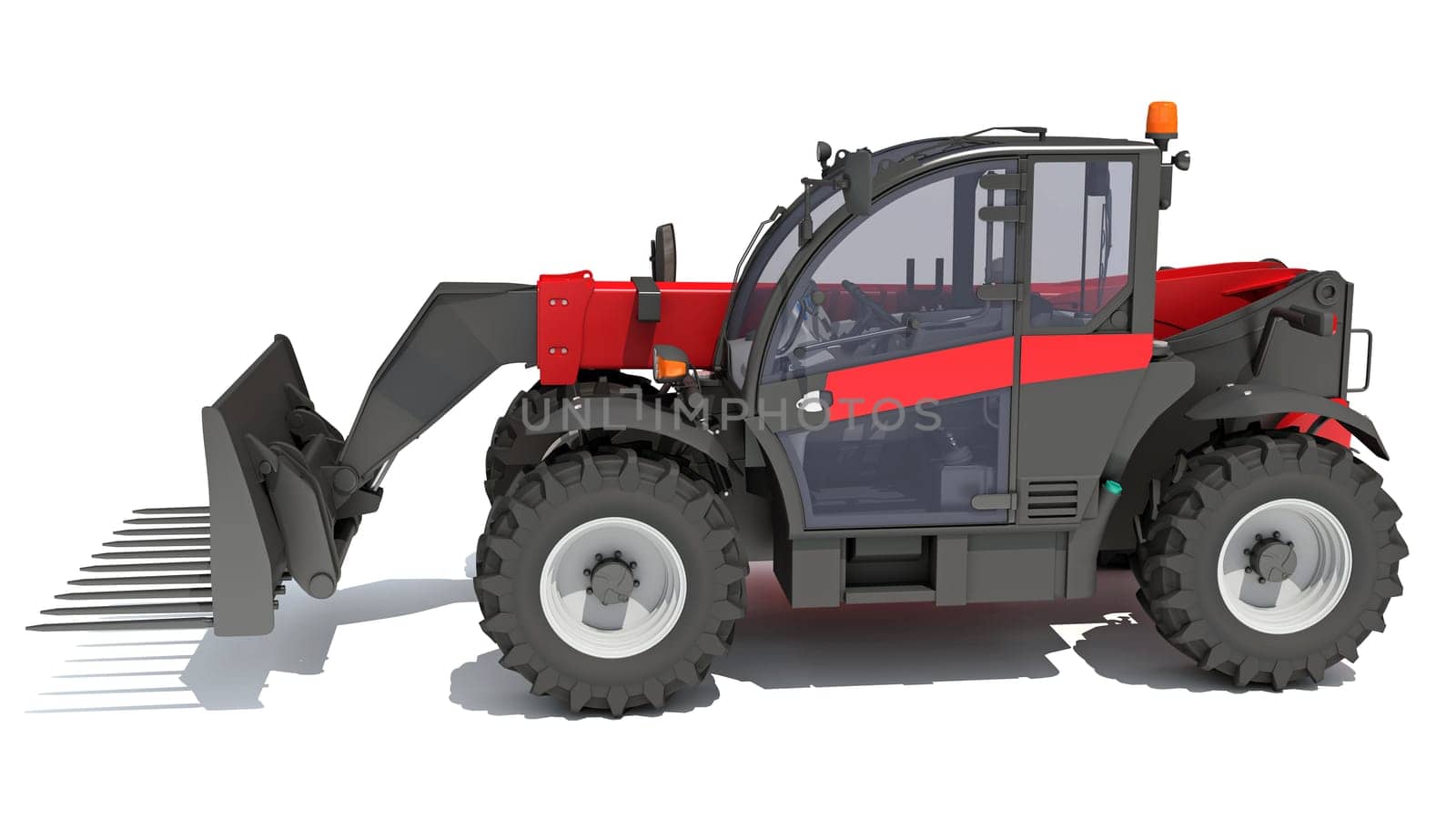 Telehandler heavy construction machinery 3D rendering on white background by 3DHorse