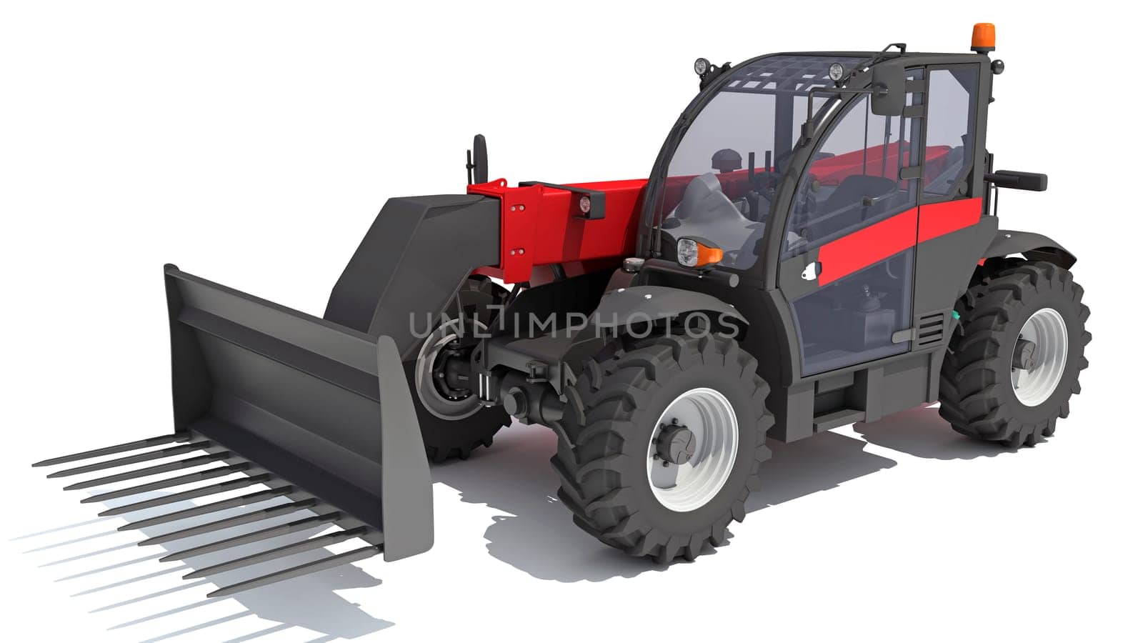 Telehandler heavy construction machinery 3D rendering on white background by 3DHorse
