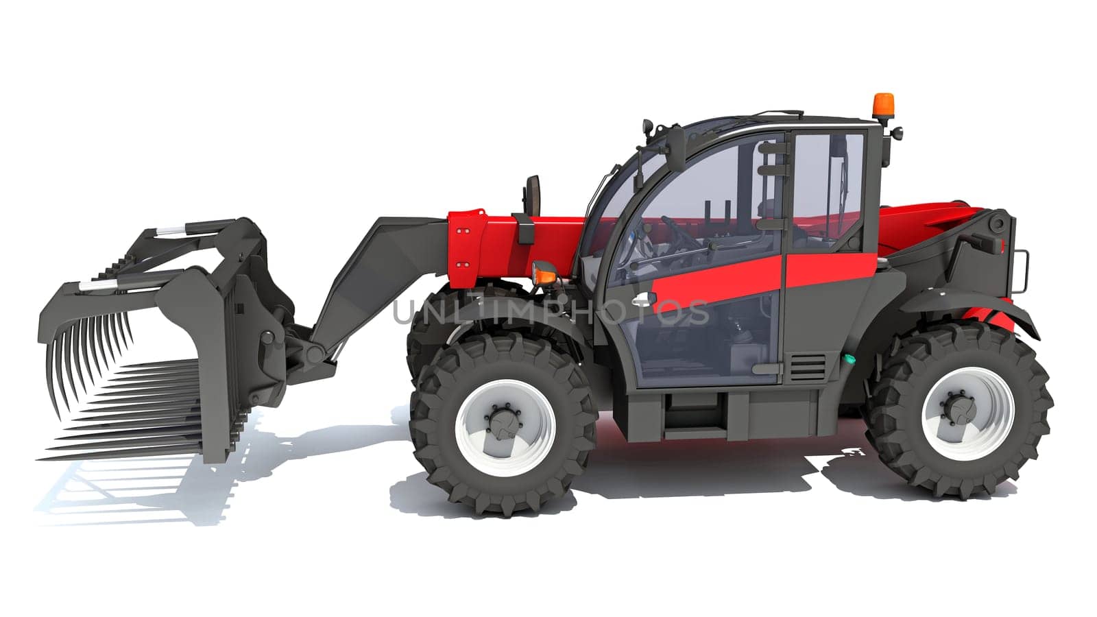 Telehandler heavy construction machinery 3D rendering on white background by 3DHorse