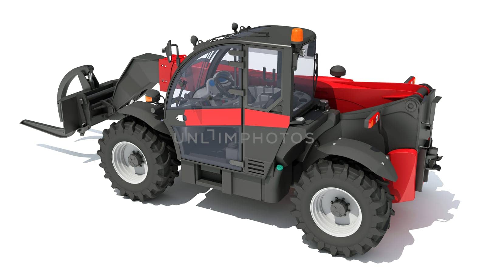 Telehandler heavy construction machinery 3D rendering on white background by 3DHorse