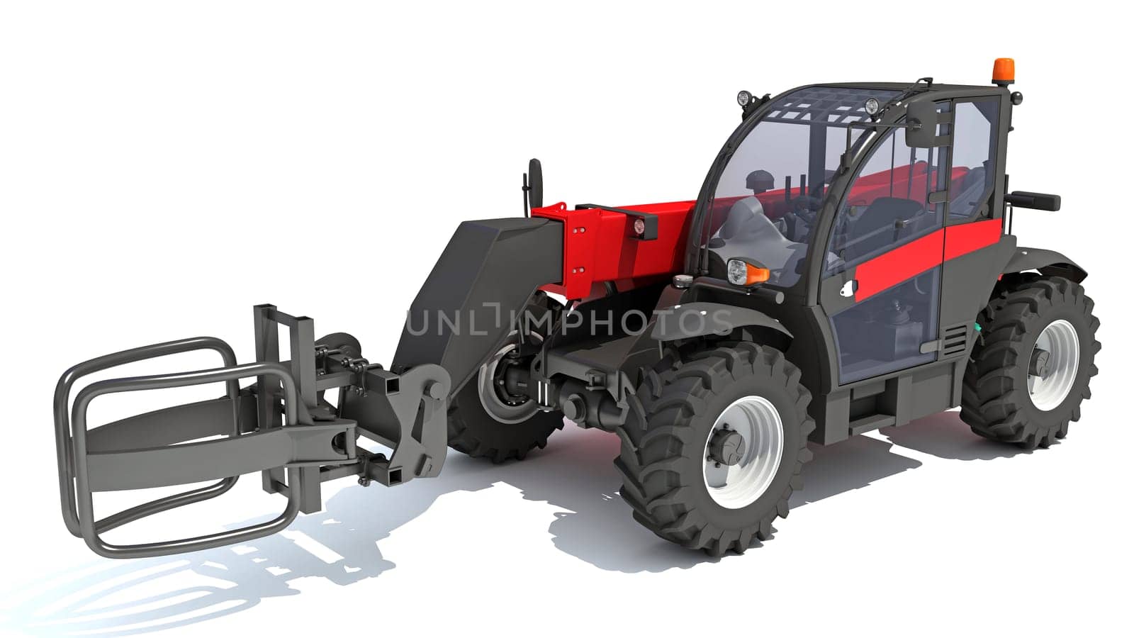 Telehandler heavy construction machinery 3D rendering on white background by 3DHorse