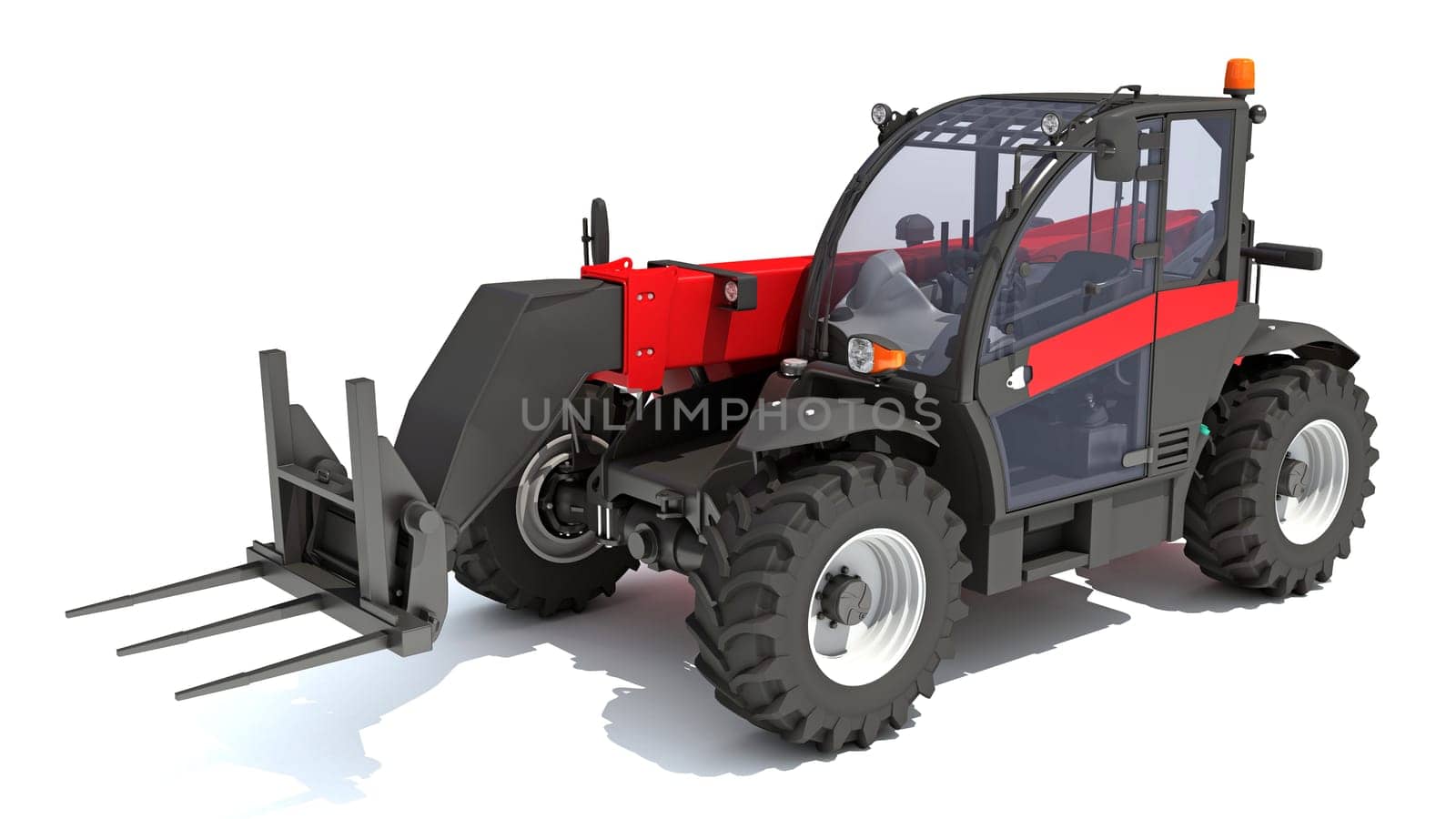 Telehandler heavy construction machinery 3D rendering on white background by 3DHorse