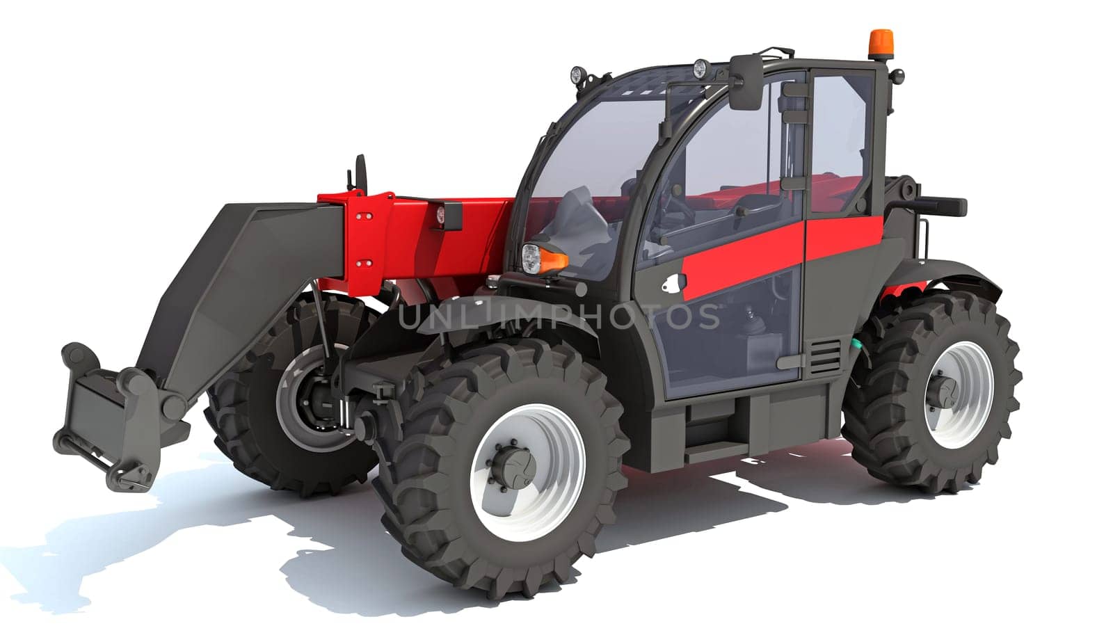 Telehandler heavy construction machinery 3D rendering on white background by 3DHorse