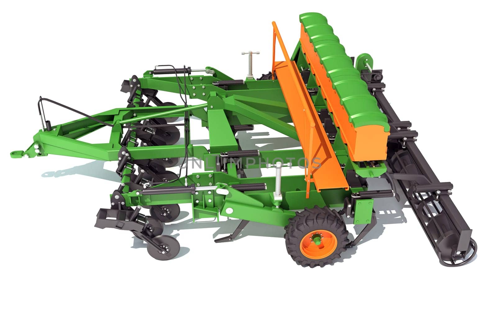 Seed Drill Disc Harrow 3D rendering farm equipment on white background by 3DHorse
