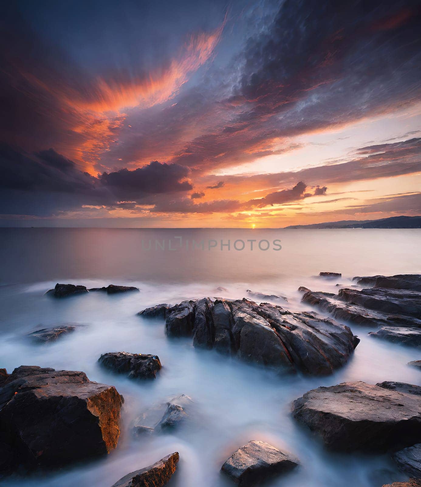 Beautiful sunset over the sea. Seascape. Long exposure. by yilmazsavaskandag