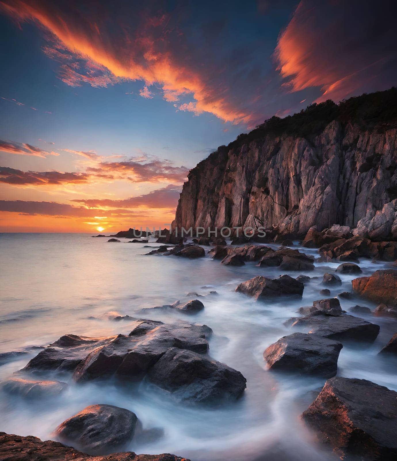 Beautiful sunset over the sea. Seascape. Long exposure.Beautiful seascape at sunset. Dramatic sky over the sea.Beautiful colorful sunset at the beach.Long exposure of sunset over the sea with rocks and colorful sky.Seascape with rocks and water