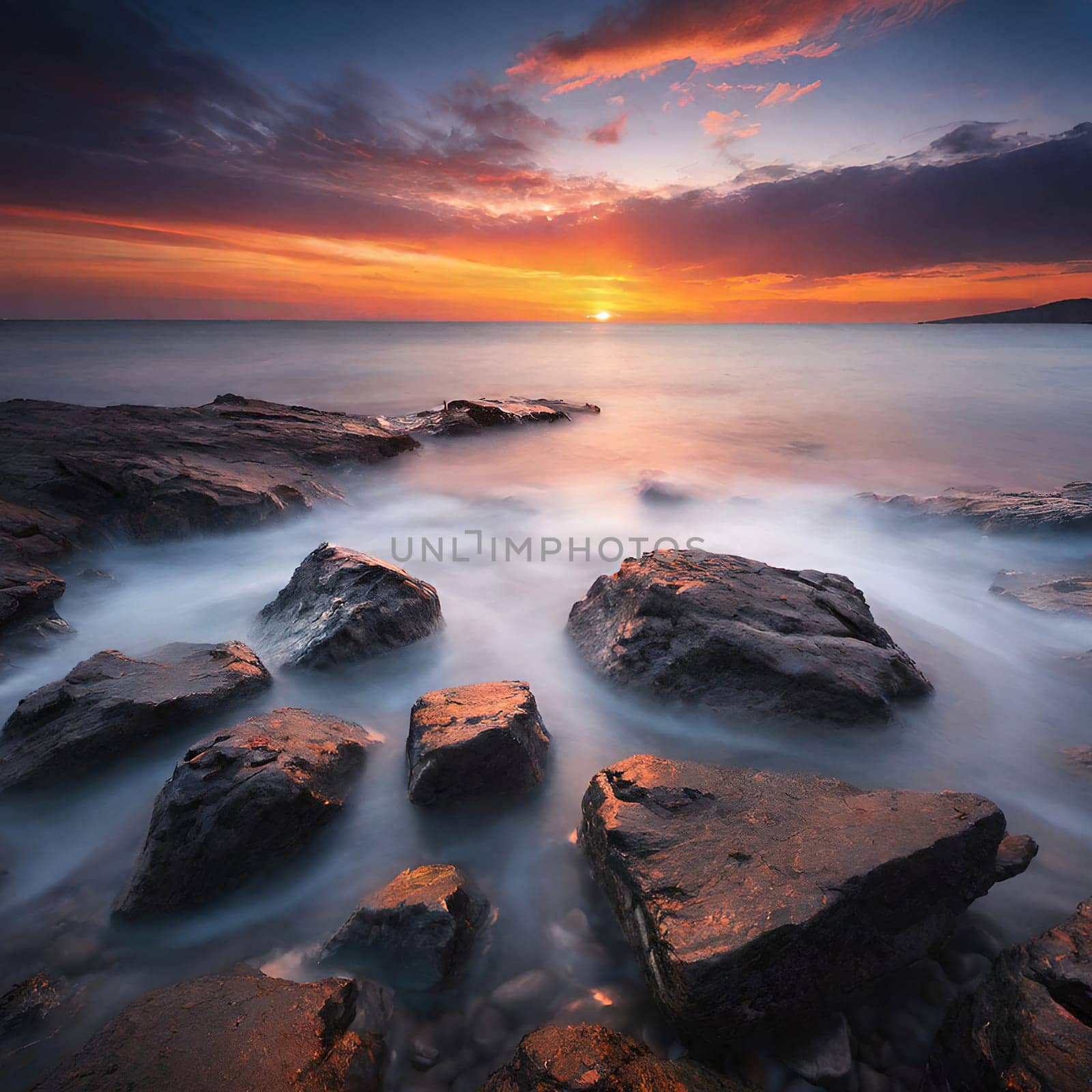 Beautiful sunset over the sea. Seascape. Long exposure.Beautiful seascape at sunset. Dramatic sky over the sea.Beautiful colorful sunset at the beach.Long exposure of sunset over the sea with rocks and colorful sky.Seascape with rocks and water