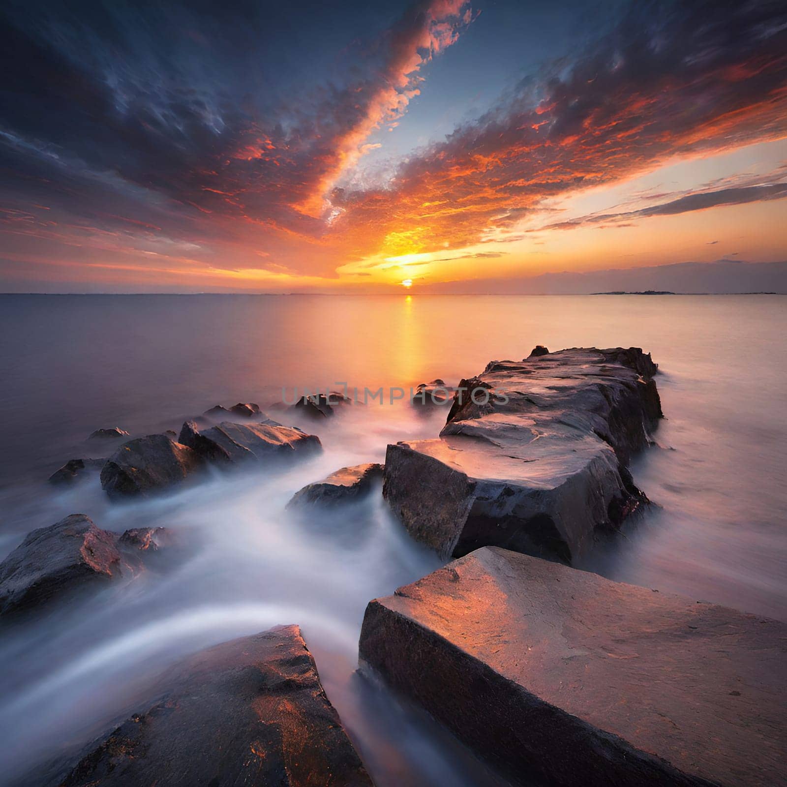 Beautiful sunset over the sea. Seascape. Long exposure.Beautiful seascape at sunset. Dramatic sky over the sea.Beautiful colorful sunset at the beach.Long exposure of sunset over the sea with rocks and colorful sky.Seascape with rocks and water