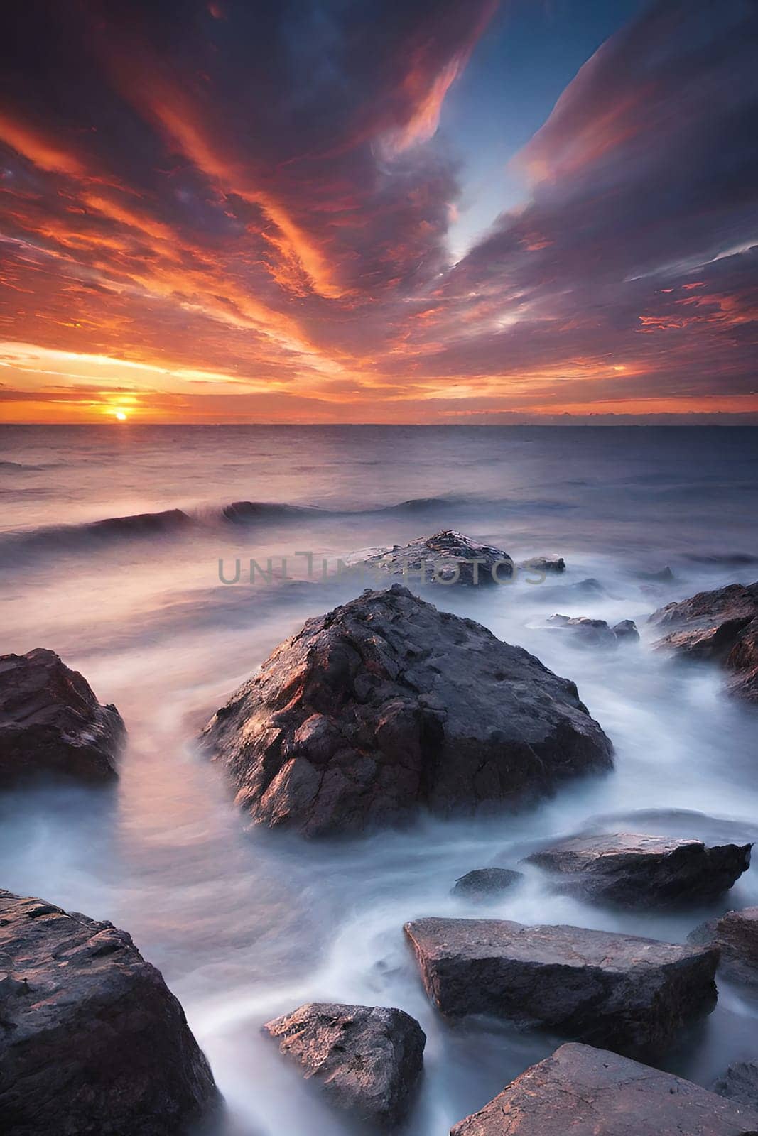 Beautiful sunset over the sea. Seascape. Long exposure.Beautiful seascape at sunset. Dramatic sky over the sea.Beautiful colorful sunset at the beach.Long exposure of sunset over the sea with rocks and colorful sky.Seascape with rocks and water