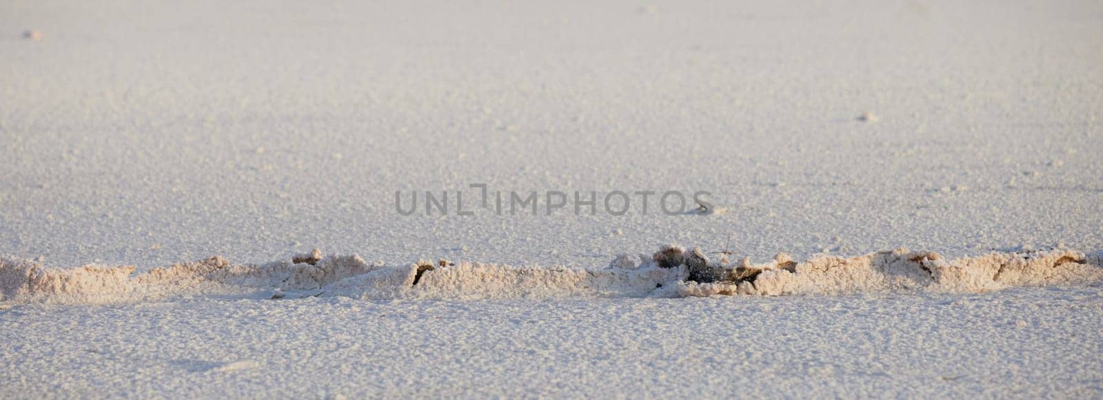 landscape of dry salt lake bed, cracked surface. Natural salt Close up. Surface of a salt lake, background. Top view on Pink salt lake.