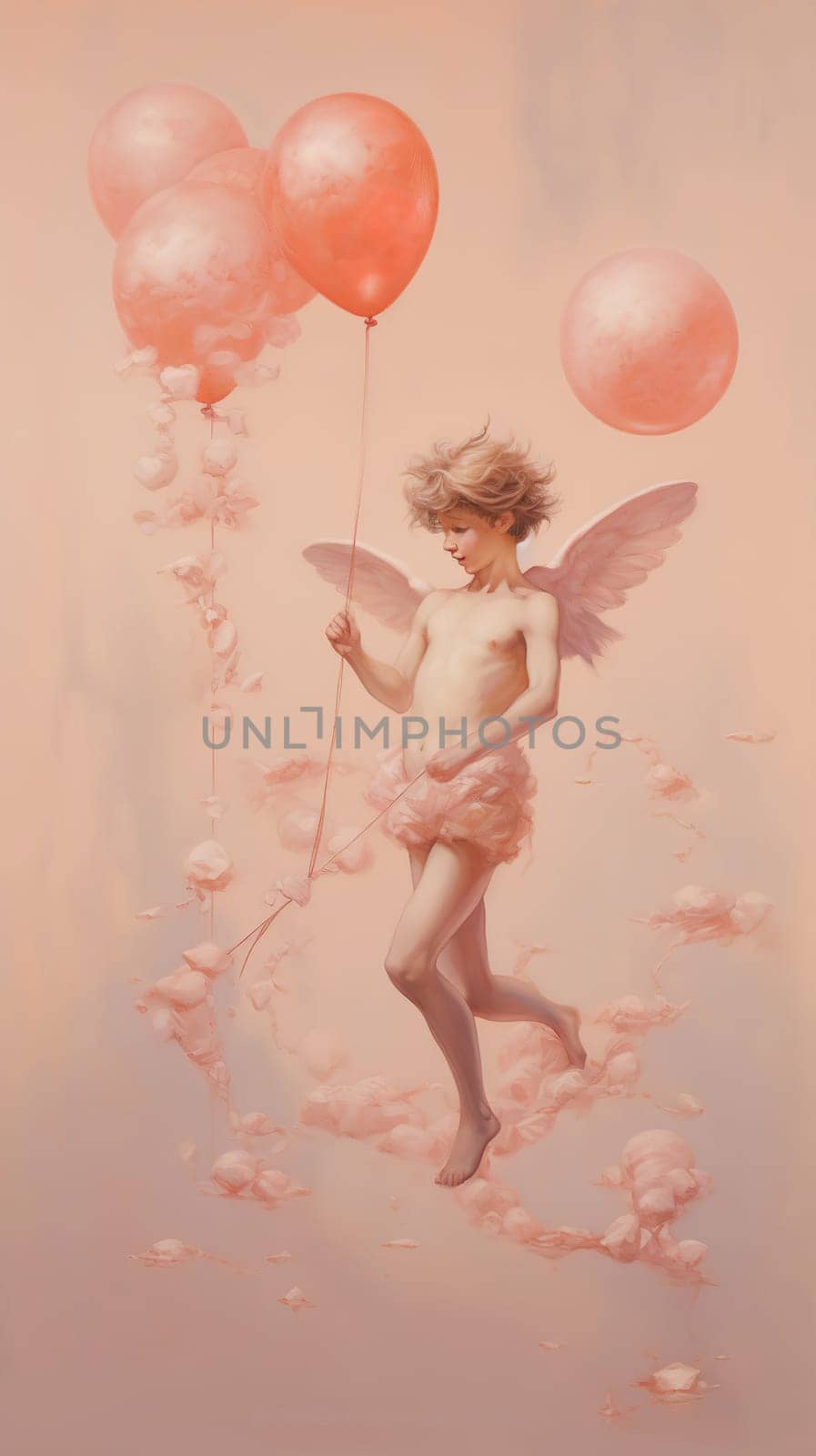 beautiful blond angel with balloons in his hands. Copy space. Happy Valentine's Day banner. Birthday card by Proxima13