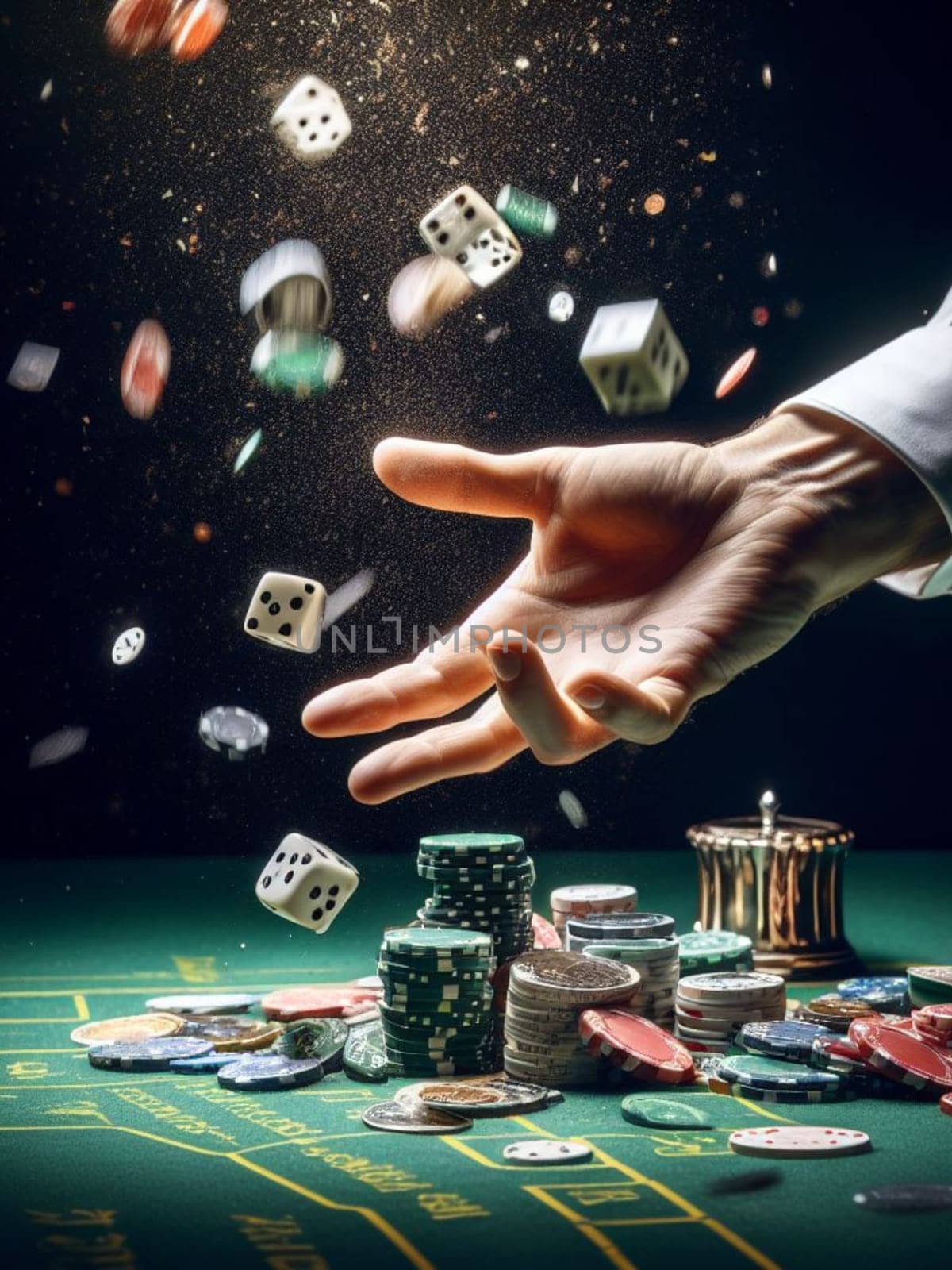 casino scene on a gaming table, freeze action fly dice, cards and chips, dark, bokeh , human hand generative ai art