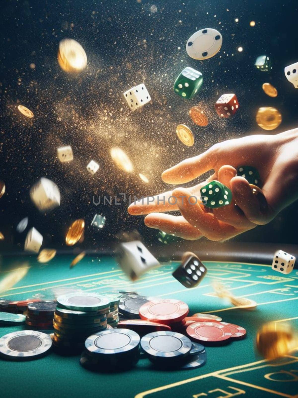 casino scene on a gaming table, freeze action fly dice, cards and chips, dark, bokeh , human hand by verbano