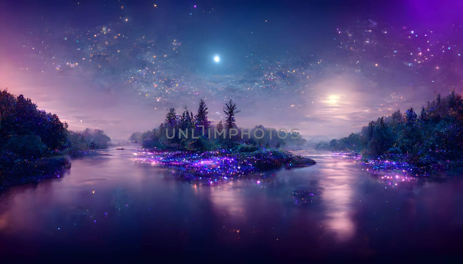 magical night river landscape with bioluminescent blue water, glowing particles, starry sky and moon, neural network generated art by z1b