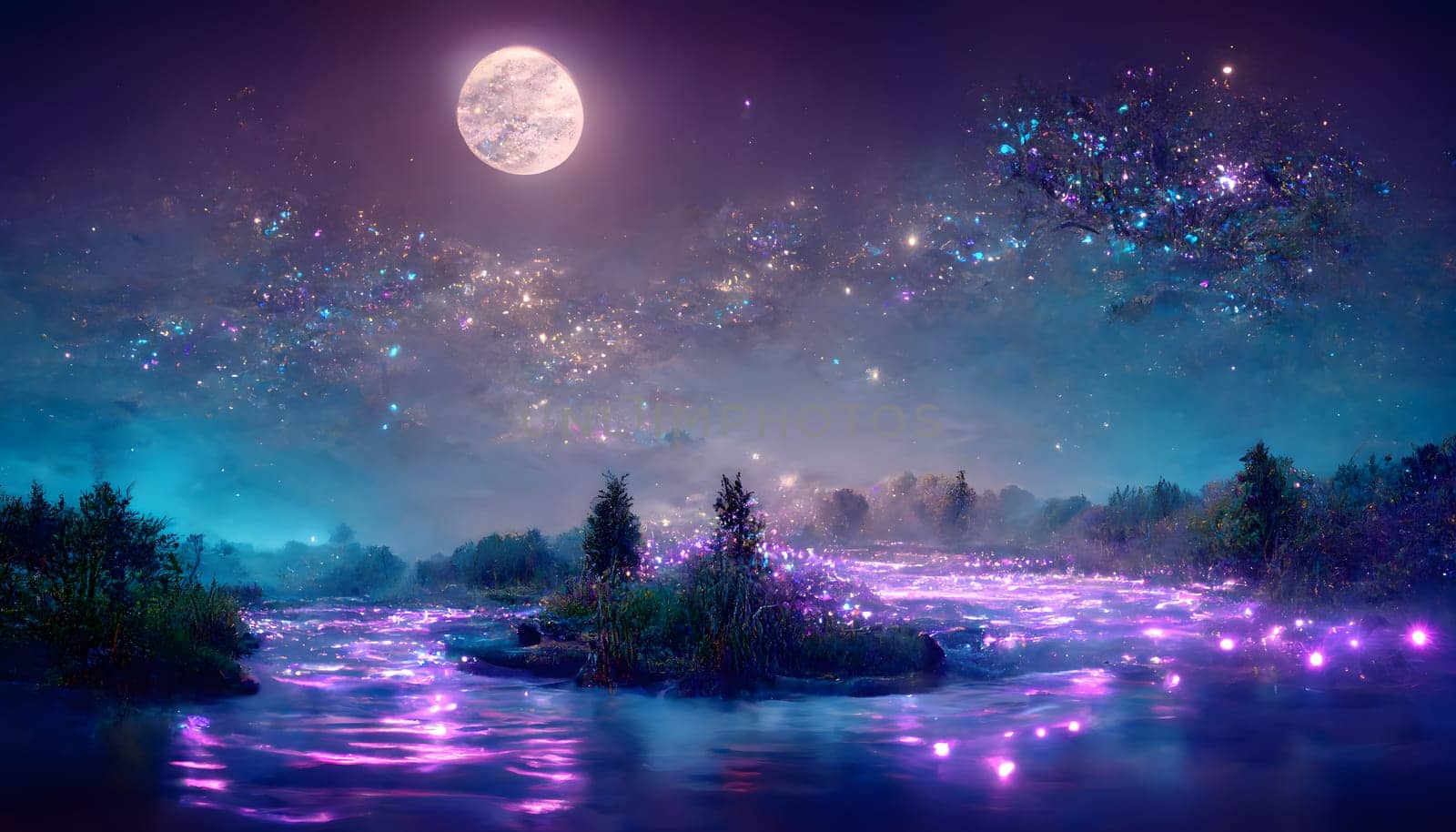 magical night river landscape with bioluminescent blue water, glowing particles, starry sky and moon, neural network generated art by z1b