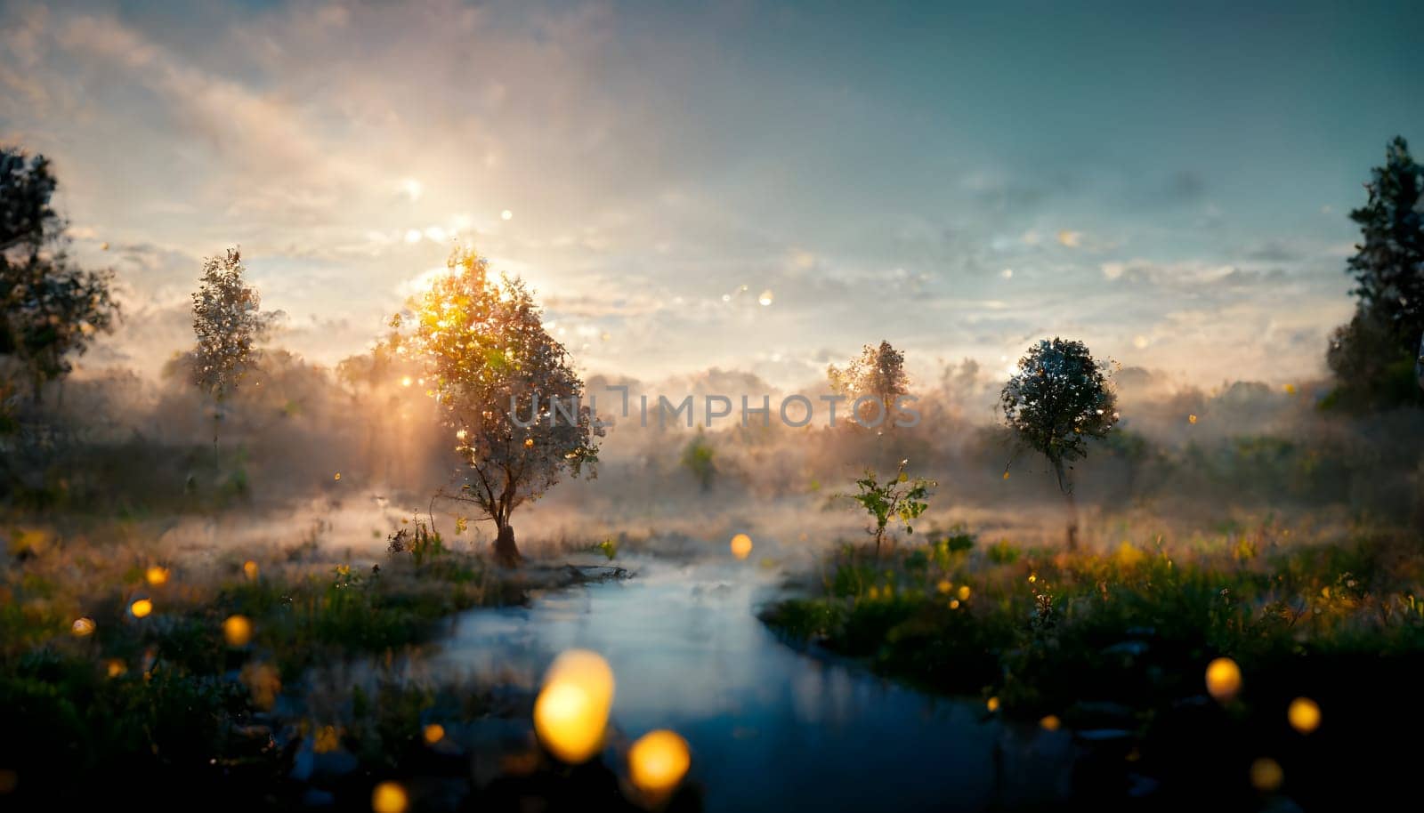 dreamy summer wild riverside morning landscape with fog and glowing particles, neural network generated art. Digitally generated image. Not based on any actual scene or pattern.