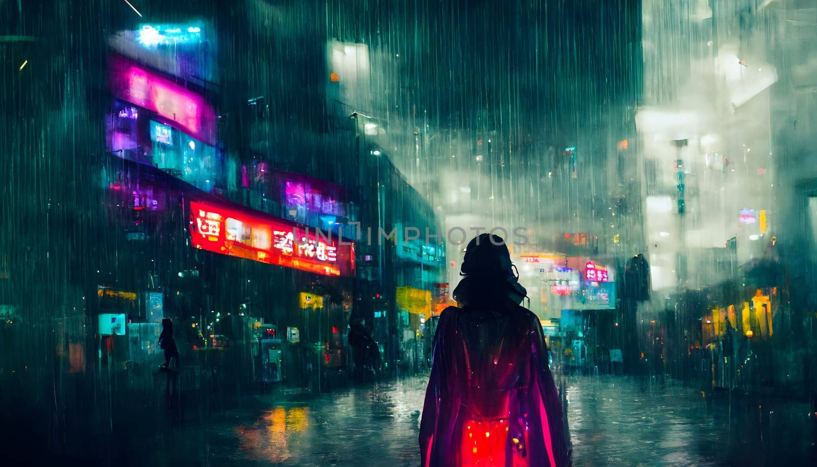 woman in raincoat in cuberpunk city street at rainy night, neural network generated art. Digitally generated image. Not based on any actual scene or pattern.