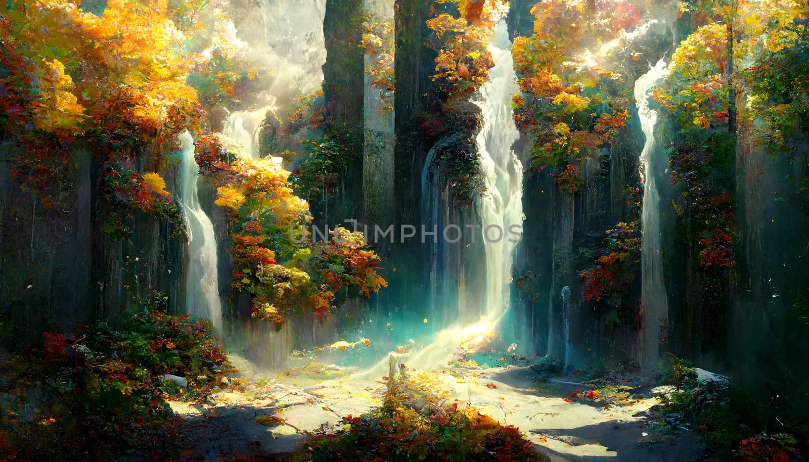 fantasy autumn waterfalls scenery at sunny day, neural network generated art. Digitally generated image. Not based on any actual scene or pattern.