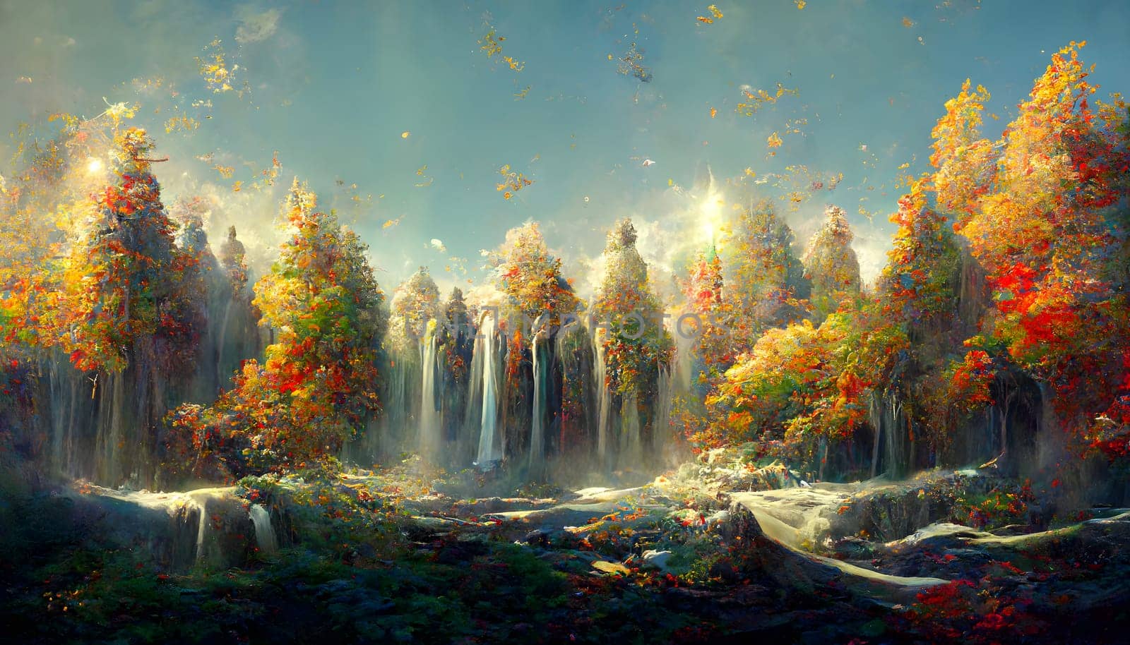 fantasy autumn waterfalls scenery at sunny day, neural network generated art by z1b