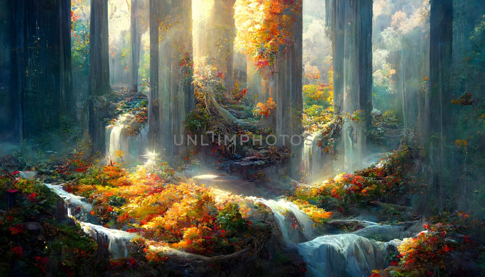 fantasy autumn waterfalls scenery at sunny day, neural network generated art. Digitally generated image. Not based on any actual scene or pattern.