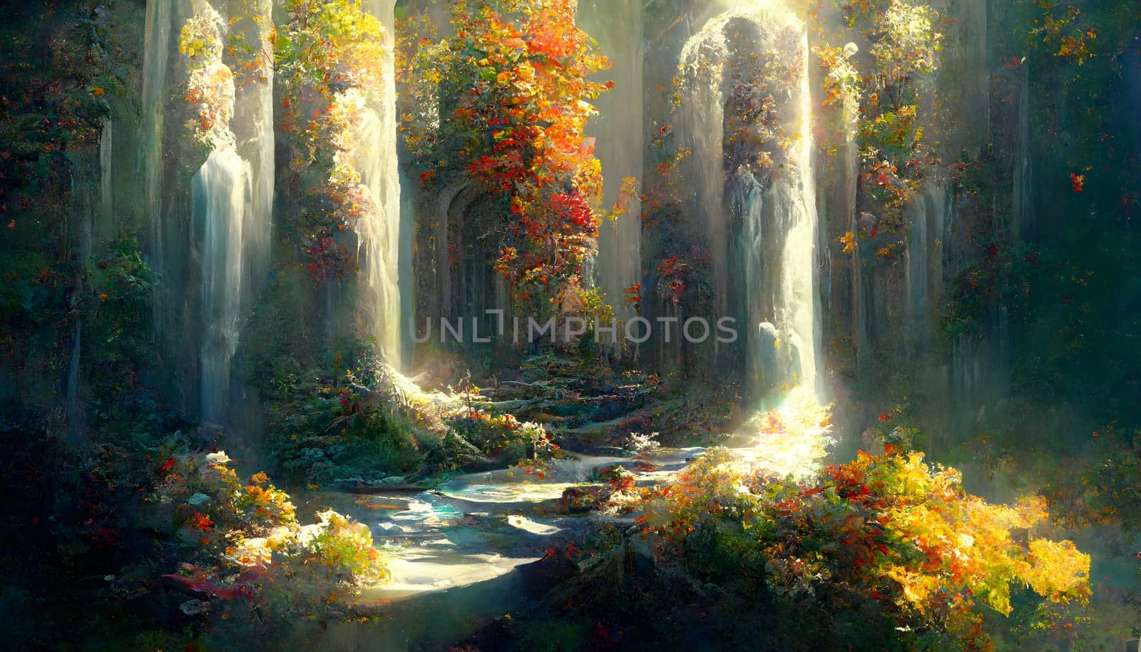fantasy autumn waterfalls scenery at sunny day, neural network generated art by z1b