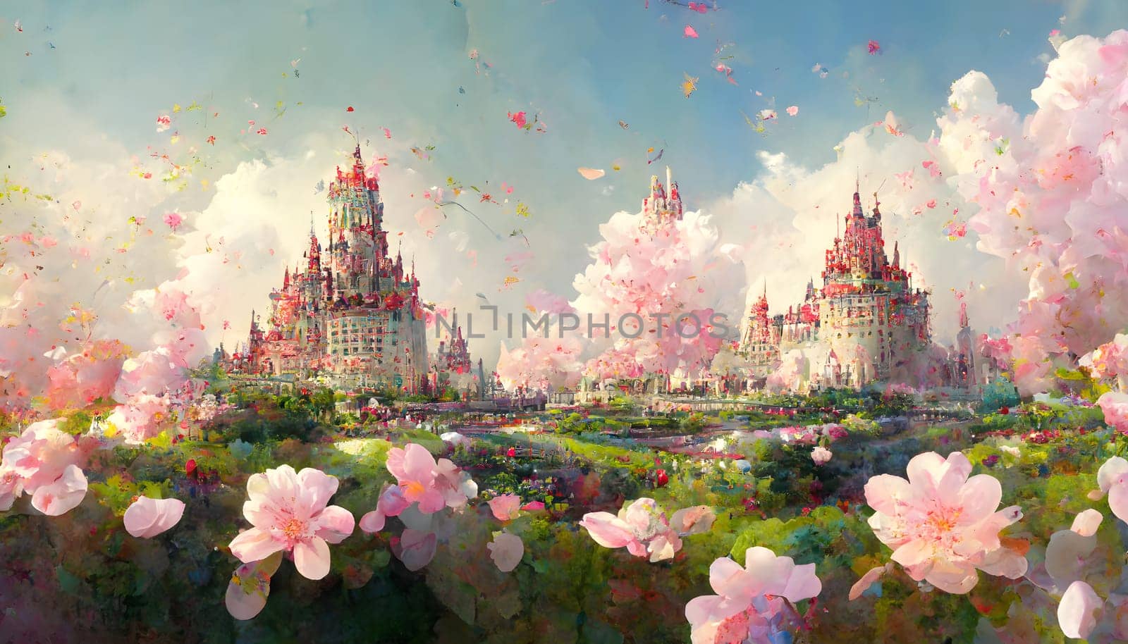 dreamy castles at sunny spring day with pink flowers in foreground, neural network generated art. Digitally generated image. Not based on any actual scene or pattern.