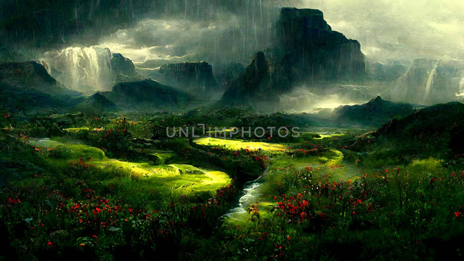 rainy fantasy landscape during summer day storm, neural network generated art. Digitally generated image. Not based on any actual scene or pattern.