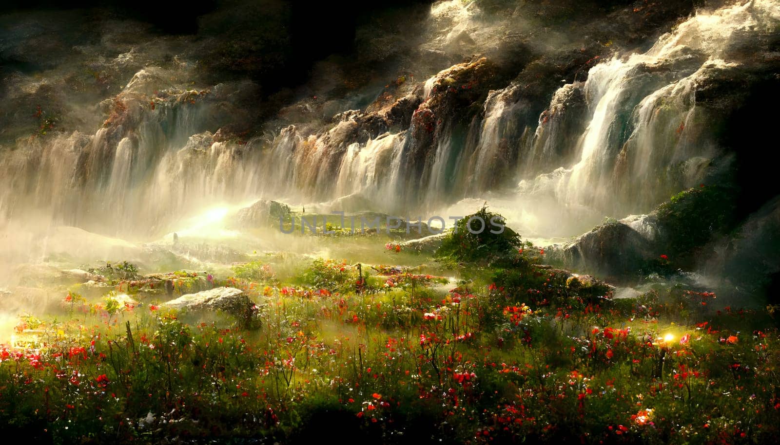 fantasy waterfalls landscape during summer day storm, neural network generated art. Digitally generated image. Not based on any actual scene or pattern.
