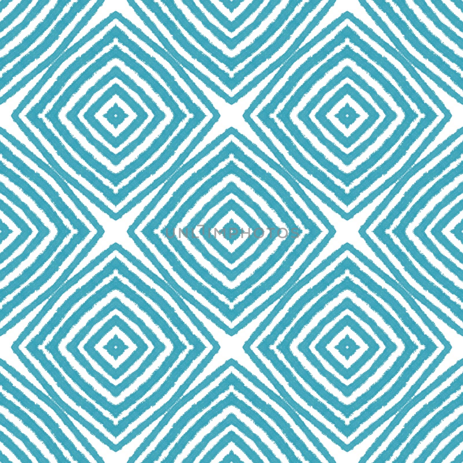 Ikat repeating swimwear design. Turquoise symmetrical kaleidoscope background. Textile ready energetic print, swimwear fabric, wallpaper, wrapping. Summer ikat sweamwear pattern.