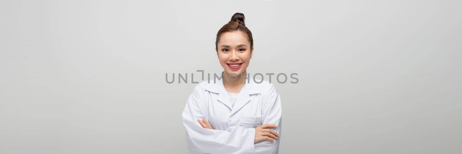 happy smiling female doctor or scientist in white coat

