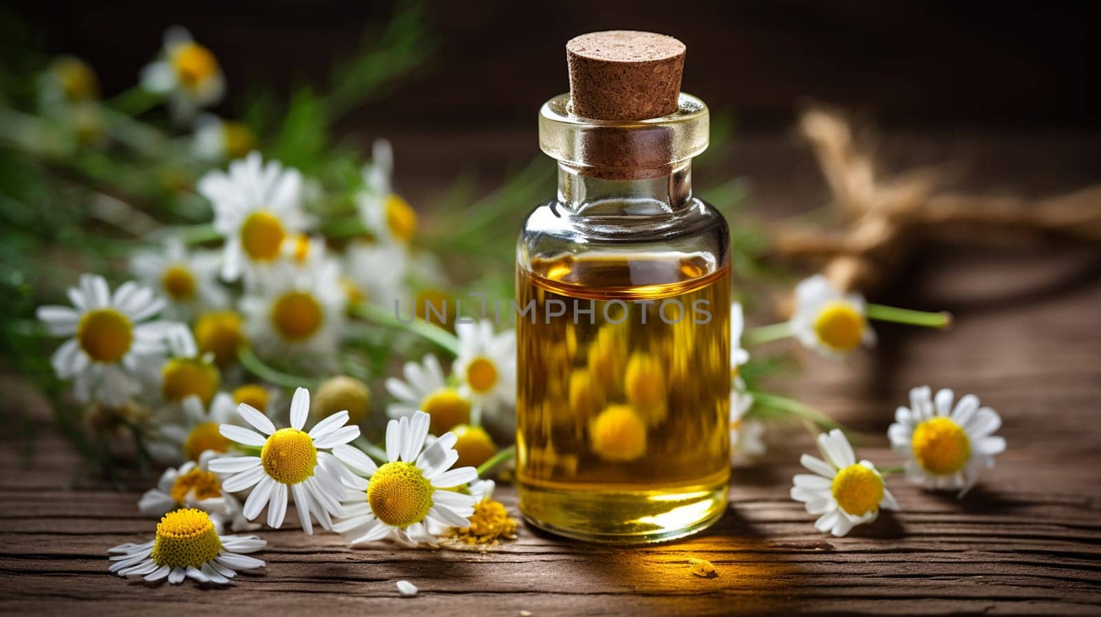 Chamomile essential oil in a small bottle. Selective focus. Generative AI, by mila1784