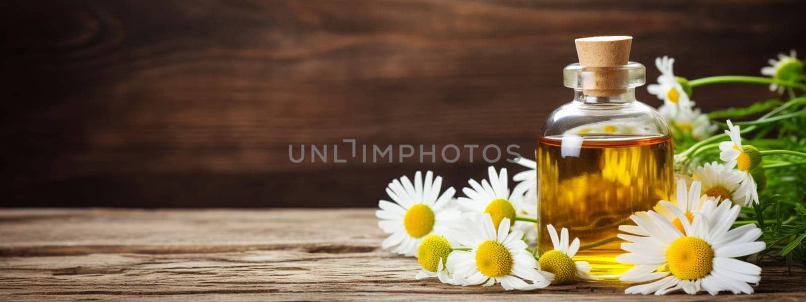 Chamomile essential oil in a small bottle. Selective focus. Nature. Generative AI,