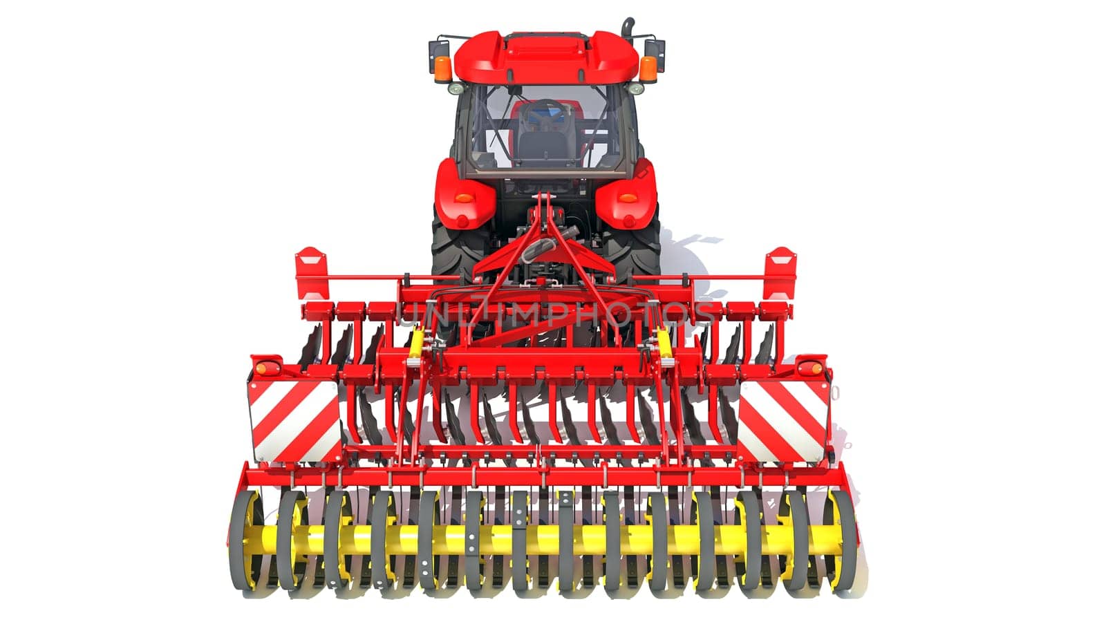 Tractor with Seed Drill farm equipment disc harrow 3D rendering on white background by 3DHorse