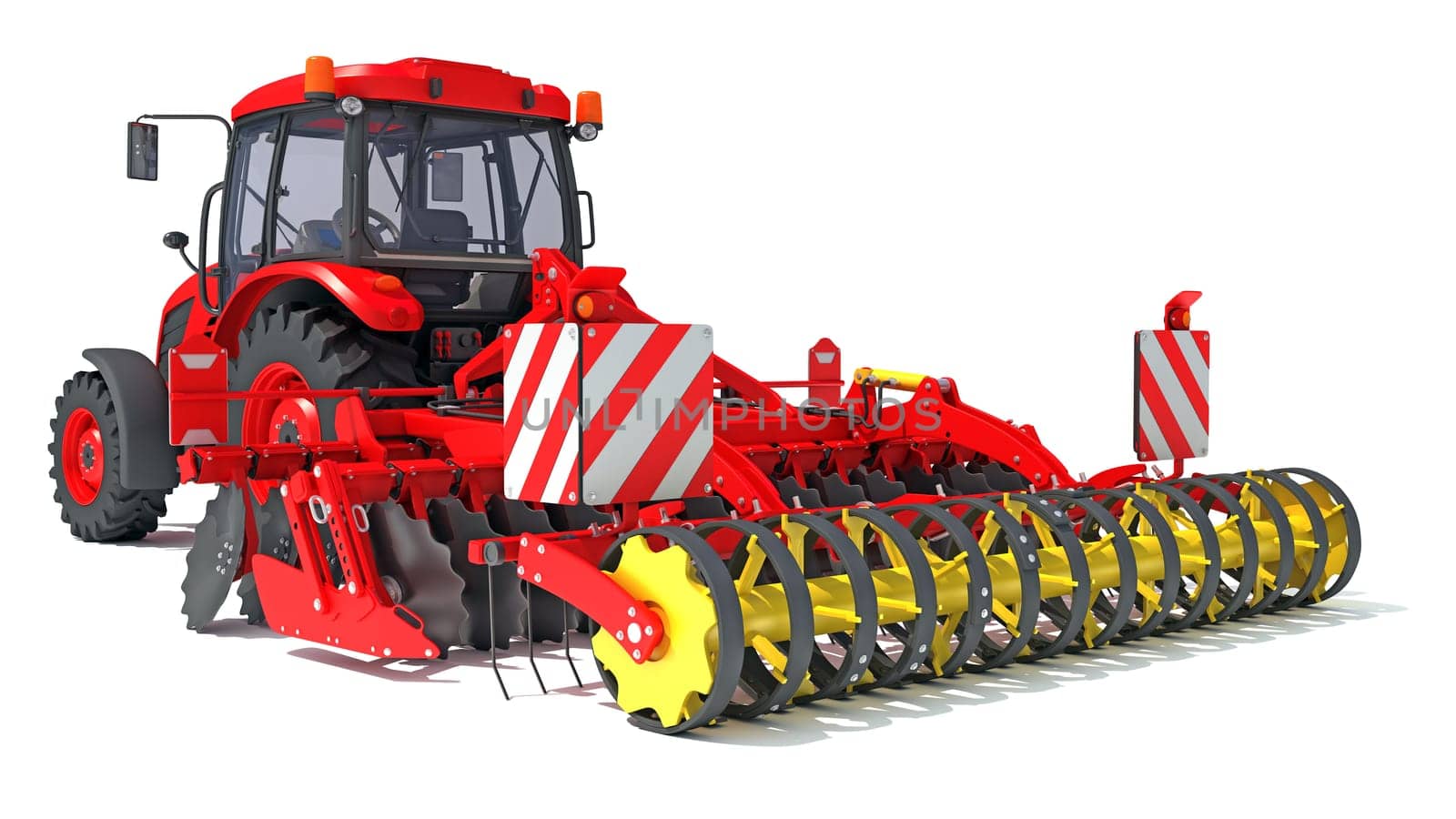 Tractor with Seed Drill farm equipment disc harrow 3D rendering on white background by 3DHorse