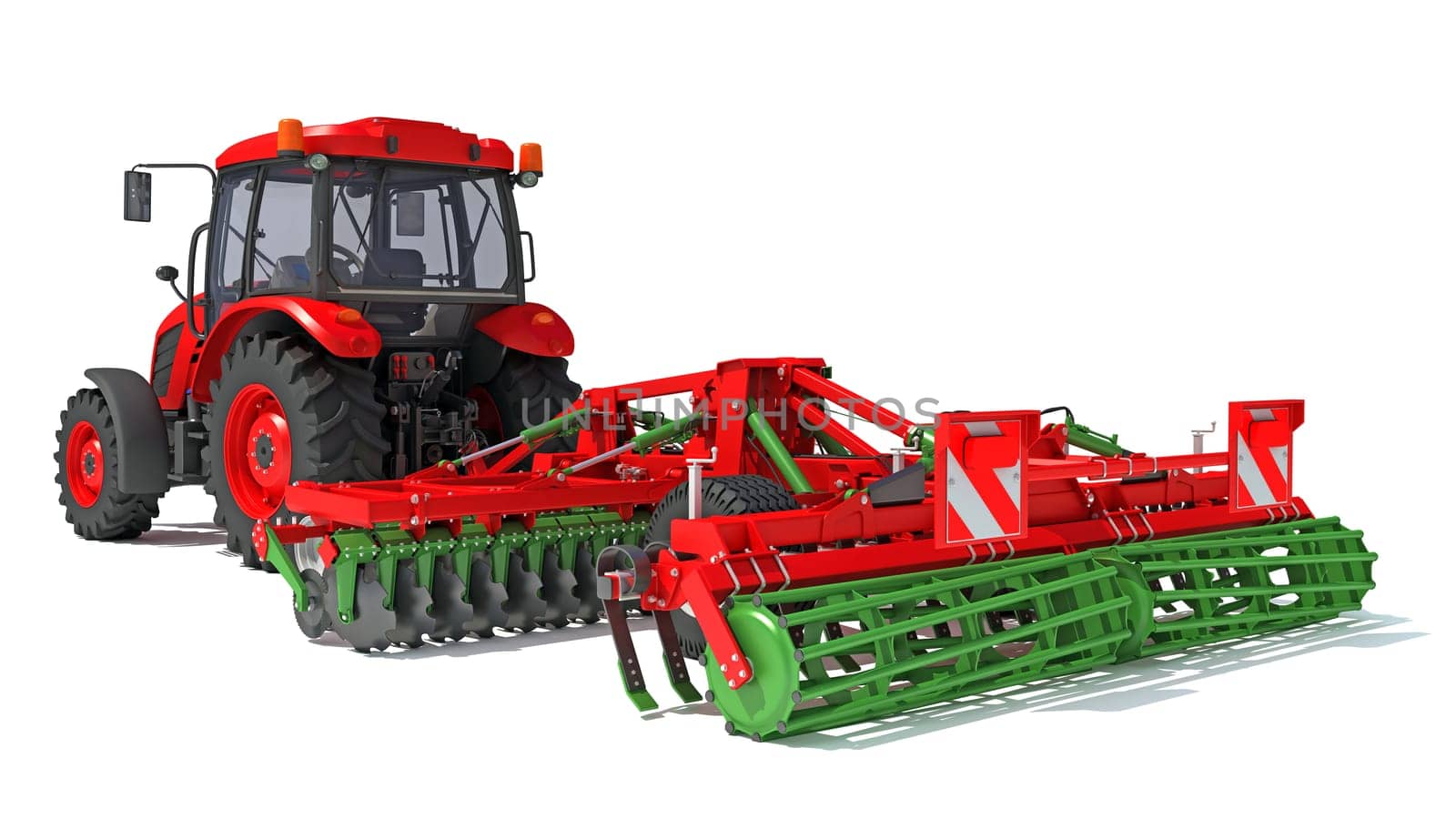 Tractor with Seed Drill farm equipment disc harrow 3D rendering on white background by 3DHorse