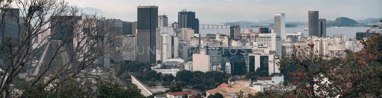 Cityscape displays tightly-packed buildings with a bridge over the sea in the distance.